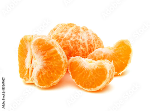 Peeled clementine on white background