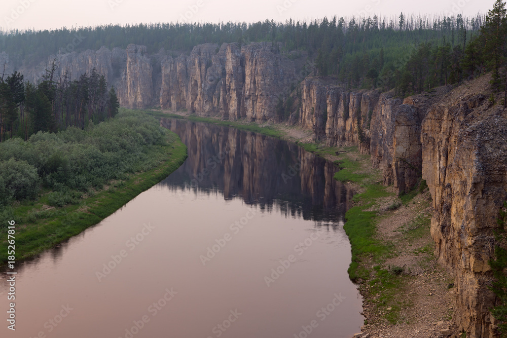 Top view of the river from a rocky shore. Natural Park Siine. Yakutia.