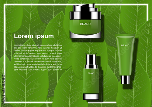 Skin care products on green leaves background