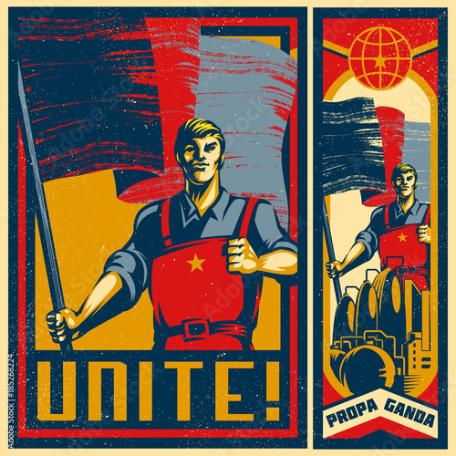 Poster Revolution. Propaganda Background Style. Revolution raising The Flag.