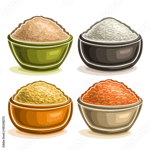Vector set of different groats in bowls, heap of raw oat cereals, grains of organic chinese rice, yellow dried peas and healthy red lentils, set of variety seeds in plates isolated on white background