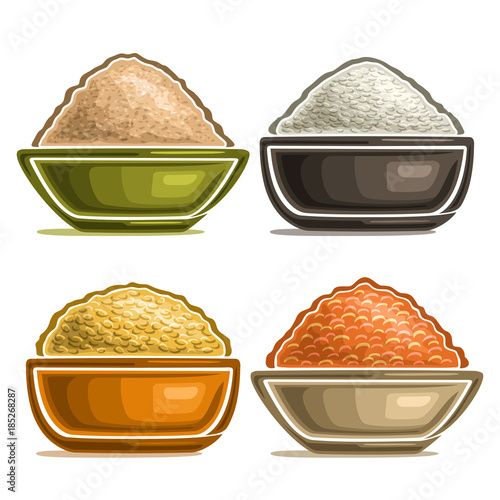 Vector set of different groats in bowls, heap of raw oat cereals, grains of organic chinese rice, yellow dried peas and healthy red lentils, set of variety seeds in plates isolated on white background