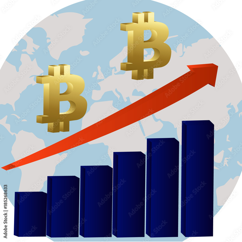 Bitcoin growth concept. Bitcoin revenue illustration. Stacks of gold coins like income graph with bitcoin. Bitcoin growth concept. Bitcoin revenue illustration. Stacks of gold coins like income graph with bitcoin.