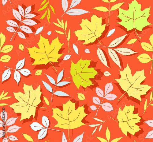 The leaves of the trees, seamless background, red, vector. Yellow, pink and blue leaves on a red field. Vector color pattern. Nature, autumn. 