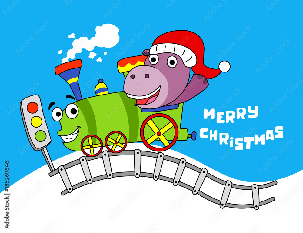 Naklejka premium hippos riding train in the snowfields