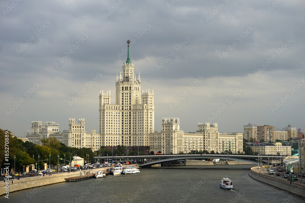 Riverview, a high-rise on the waterfront in Moscow, filmed from the bridge at the Park 