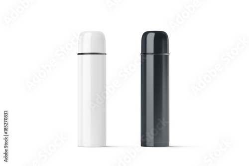 Blank black and white closed travel thermos mock up, 3d rendering. Empty traveler bottle mockup isolated. Clear drink container template. Plain thermo mug for tea or coffee.