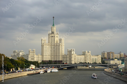 Riverview, a high-rise on the waterfront in Moscow, filmed from the bridge at the Park "Zaryadye"