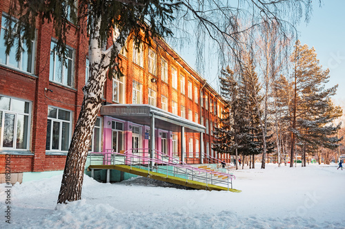 The building of secondary school in the winter. Berdsk, Siberia, Russia