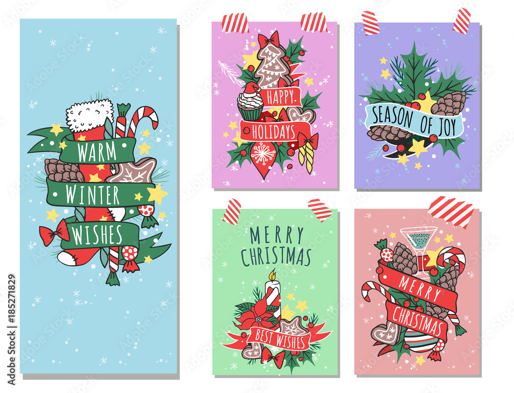 Fototapeta premium Christmas greeting card vector background banner holidays winter xmas hand draw congratulation New Year brochure illustration.