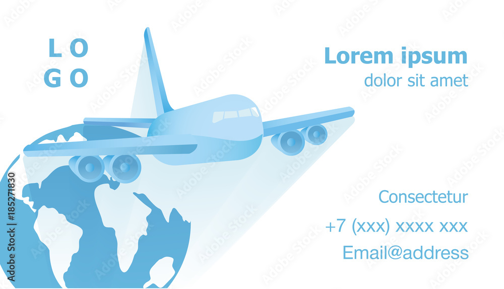 Airplane flying vector against the background of the globe on the business card for flight attendants, background for the inscription.