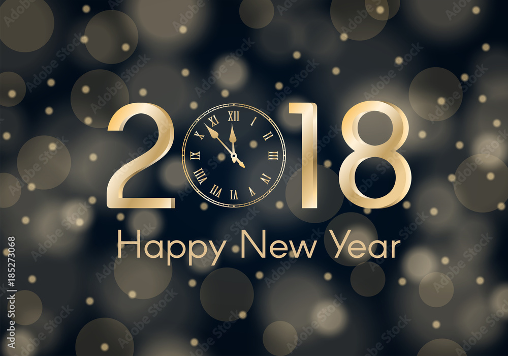 Fototapeta premium Abstract gold shining New Year 2018 concept on blue ambient blurred background. Luxury design. Vector illustration