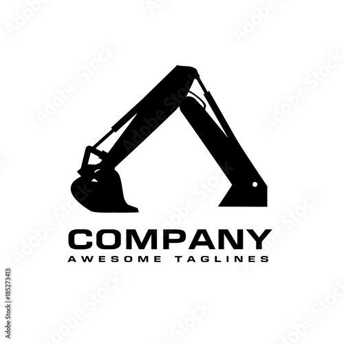 Excavators Construction machinery logo, Hydraulic mining excavator vector logo,. Heavy construction equipment symbol with boom dipper and bucket. Construction machinery for digging sand gravel or dirt