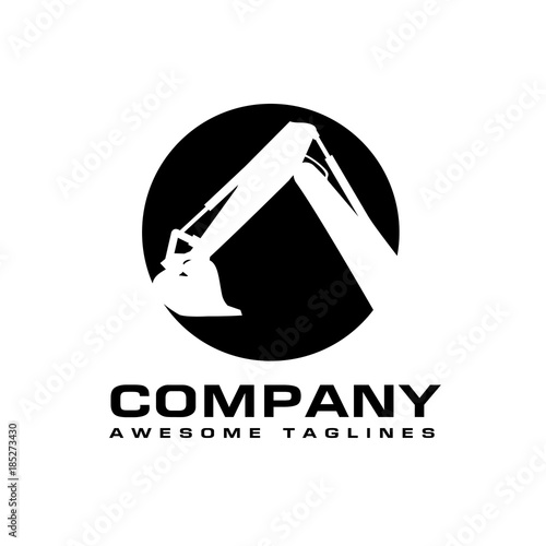 Excavators Construction machinery logo, Hydraulic mining excavator vector logo,. Heavy construction equipment symbol with boom dipper and bucket. Construction machinery for digging sand gravel or dirt