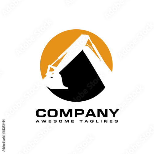 Excavators Construction machinery logo, Hydraulic mining excavator vector logo,. Heavy construction equipment symbol with boom dipper and bucket. Construction machinery for digging sand gravel or dirt