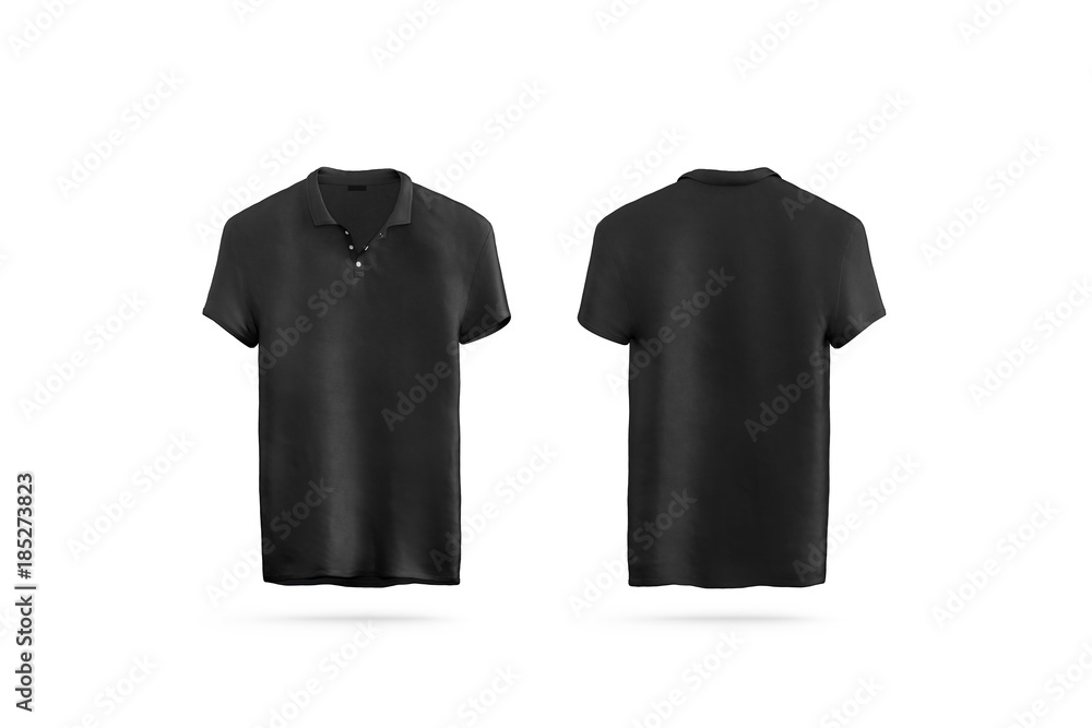 Blank black polo shirt mock up isolated, front and back side view, 3d  rendering. Empty sport t-shirt uniform mockup. Grey clothing design  template. Cotton clear dress with collar and short sleeves Stock