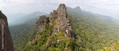 Panoramic landscape of nature with a mountain and a tropical forest in Hot Springs National Forest Park in Hainan Qixianling