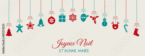 Joyeux Noel - Merry Christmas in French. Christmas card with ornaments. Vector.	