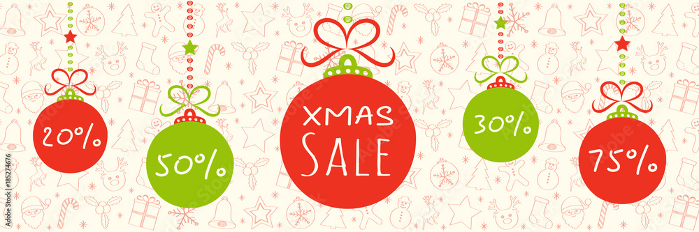 Fototapeta premium Xmas Sale - banner with hand drawn decorations. Vector.