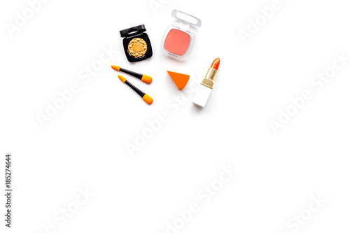Makeup set. Eyeshadows, rouge, lipstick, applicators on white background top view copyspace
