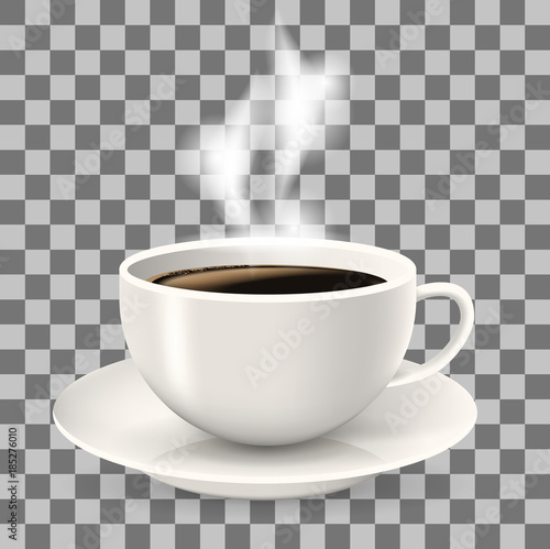 Cup on saucer. Hot coffee with steam. Object on the transparent background. Americano coffee.