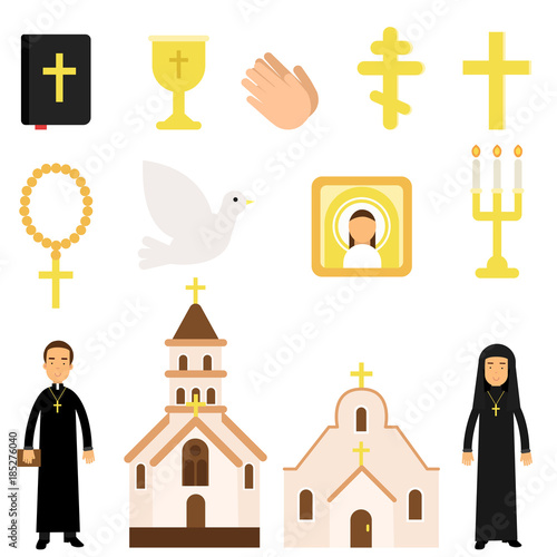 Collection of religious symbols and objects in flat style. Bible, icon, crosses, candles, dove, church attendants, temples. Cartoon vector illustration