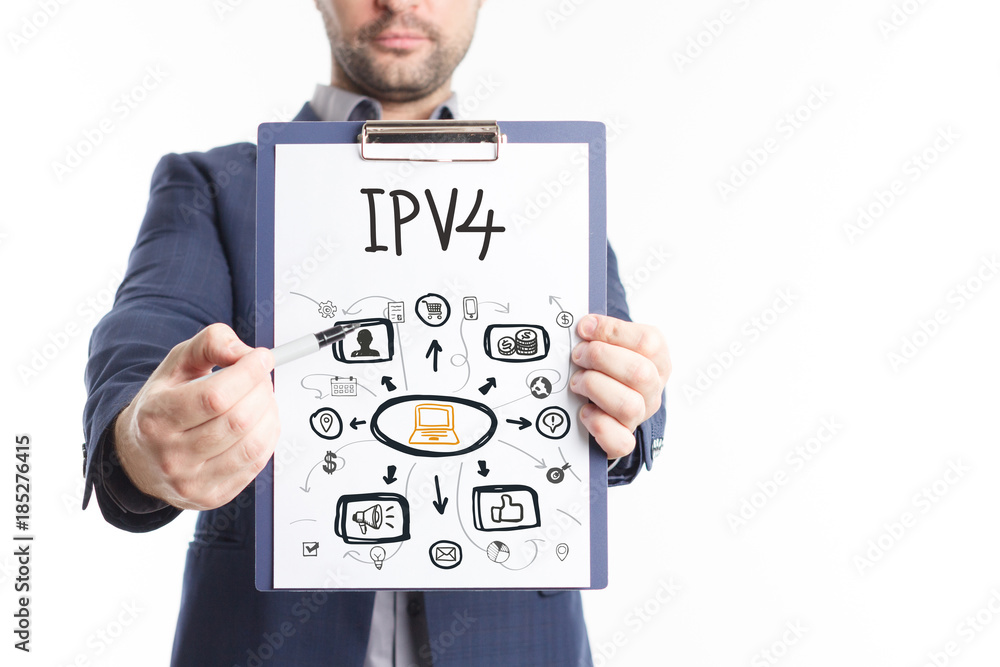 The concept of business, technology, the Internet and the network. A young businessman shows a successful scheme of work: IPv4 The concept of business, technology, the Internet and the network. A young businessman shows a successful scheme of work: IPv4