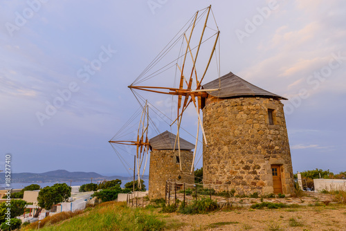 View of the island of Patmos with a windmills, Greece.