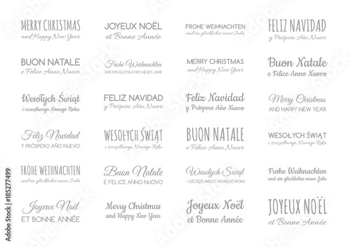 Christmas wishes in different languages: English, French, Spanish, German and Polish. Vector.
