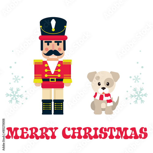 cartoon cute nutcracker with winter dog and text