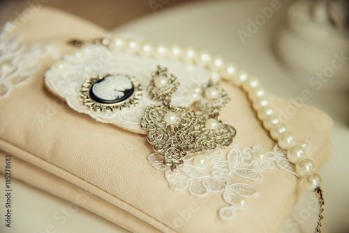 Beautiful bridal accessories for brides during fees. Dressing table.