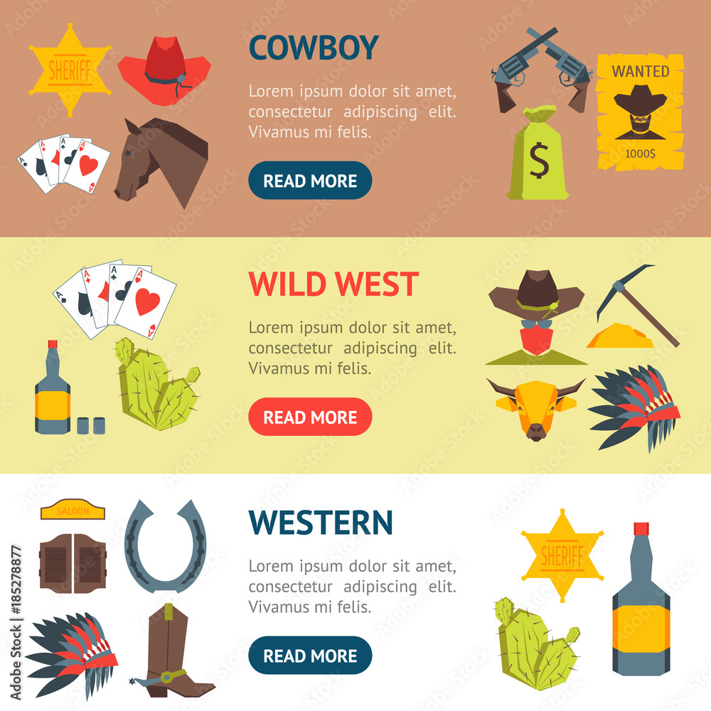 Cartoon Cowboy Banner Horizontal Set. Vector Cartoon Cowboy Banner Horizontal Set. Vector
