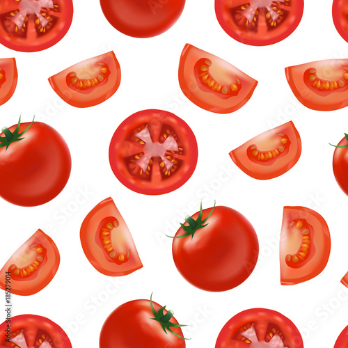 Realistic Detailed Red Tomato and Segment Parts Seamless Pattern Background. Vector