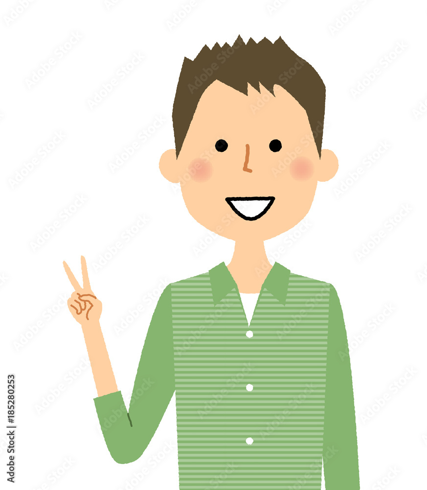 若い男性　パパ　Vサイン　ピース