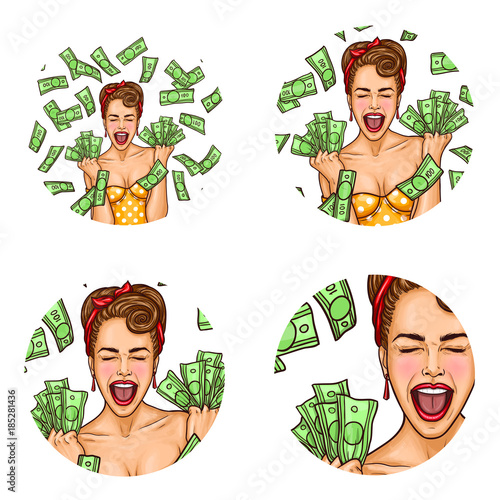 Vector set of female round avatars for users of social networks, blogs, profile icons. Pop art happy girl with excited face and wide-open mouth, standing in falling dollars, holding pile of cash money