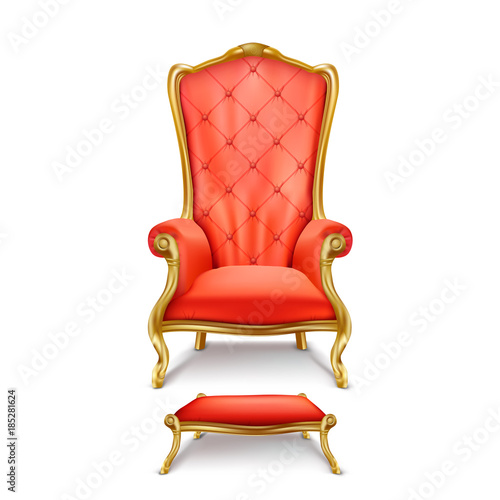 Vector luxurious red throne chair with carved golden legs and small stool for feet isolated on white background. Gilded antique armchair in realistic style. Objects of expensive, exclusive furniture
