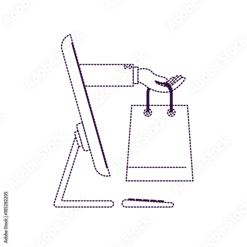 desktop computer and hand holding shopping bag of purchase online in purple dotted silhouette
