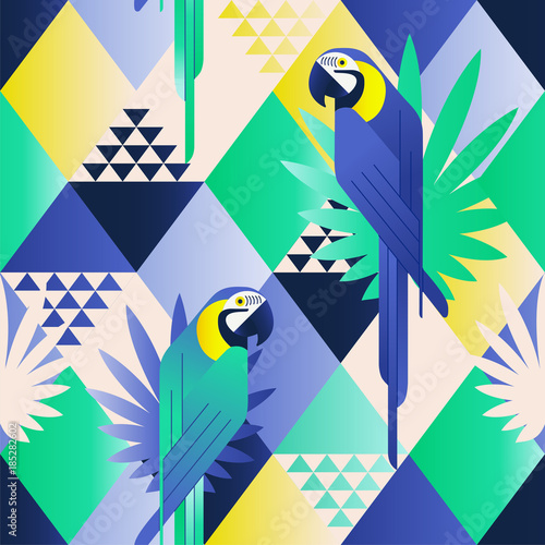Exotic beach trendy seamless pattern, patchwork illustrated floral vector tropical leaves. Jungle blue parrots. Wallpaper print background mosaic.