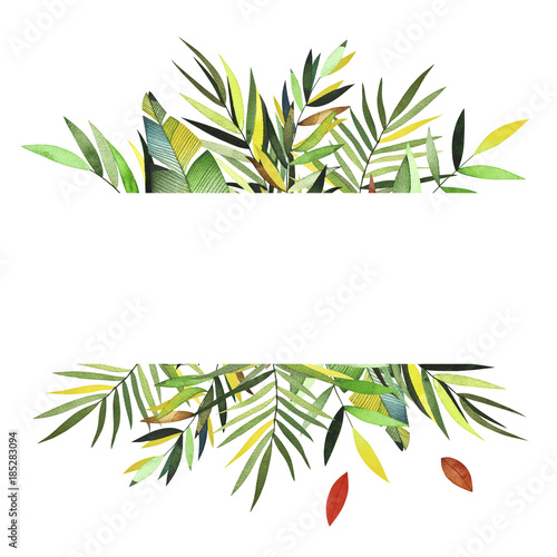 Watercolor tropic frame. Collection included colorful leaves and branches. Perfect for you postcard design,invitations,projects,wedding card,logo,packaging.