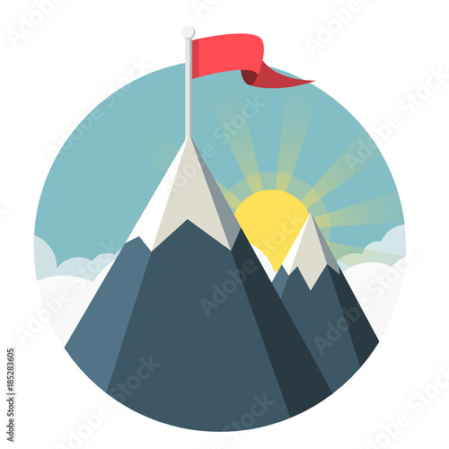 Berg mit Flagge und Sonne Flat Design Icon
