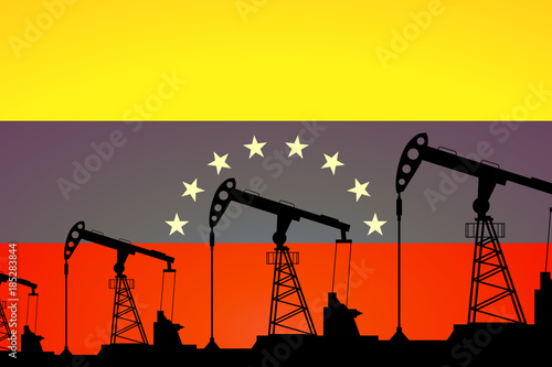 Oil pump on background of flag of Venezuela. Vector illustration