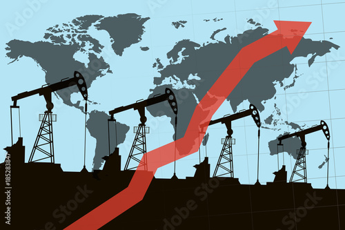 Oil pumps and growth graph with wolrd on background, concept of increase in prices of energy and oil. Vector illustration