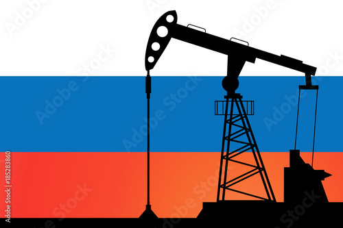 Oil pump on background of flag of Russia. Vector illustration