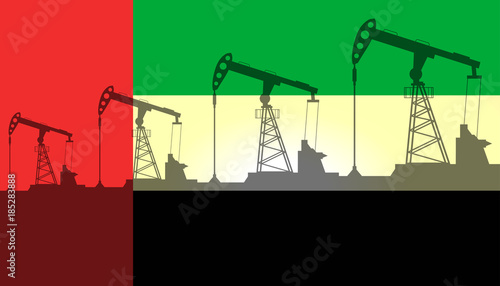 Oil pump on background of flag of Emirates (UAE). Vector illustration