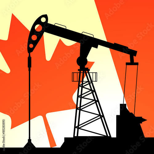 Oil pump on background of flag of Canada. Vector illustration