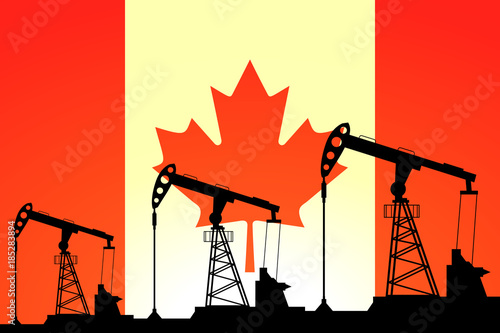 Oil pump on background of flag of Canada. Vector illustration