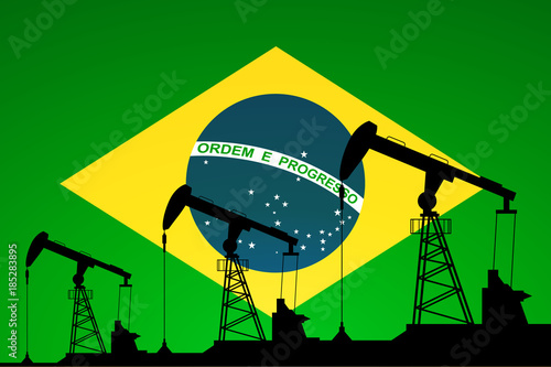 Oil pump on background of flag of Brazil. Vector illustration