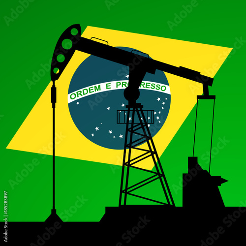 Oil pump on background of flag of Brazil. Vector illustration