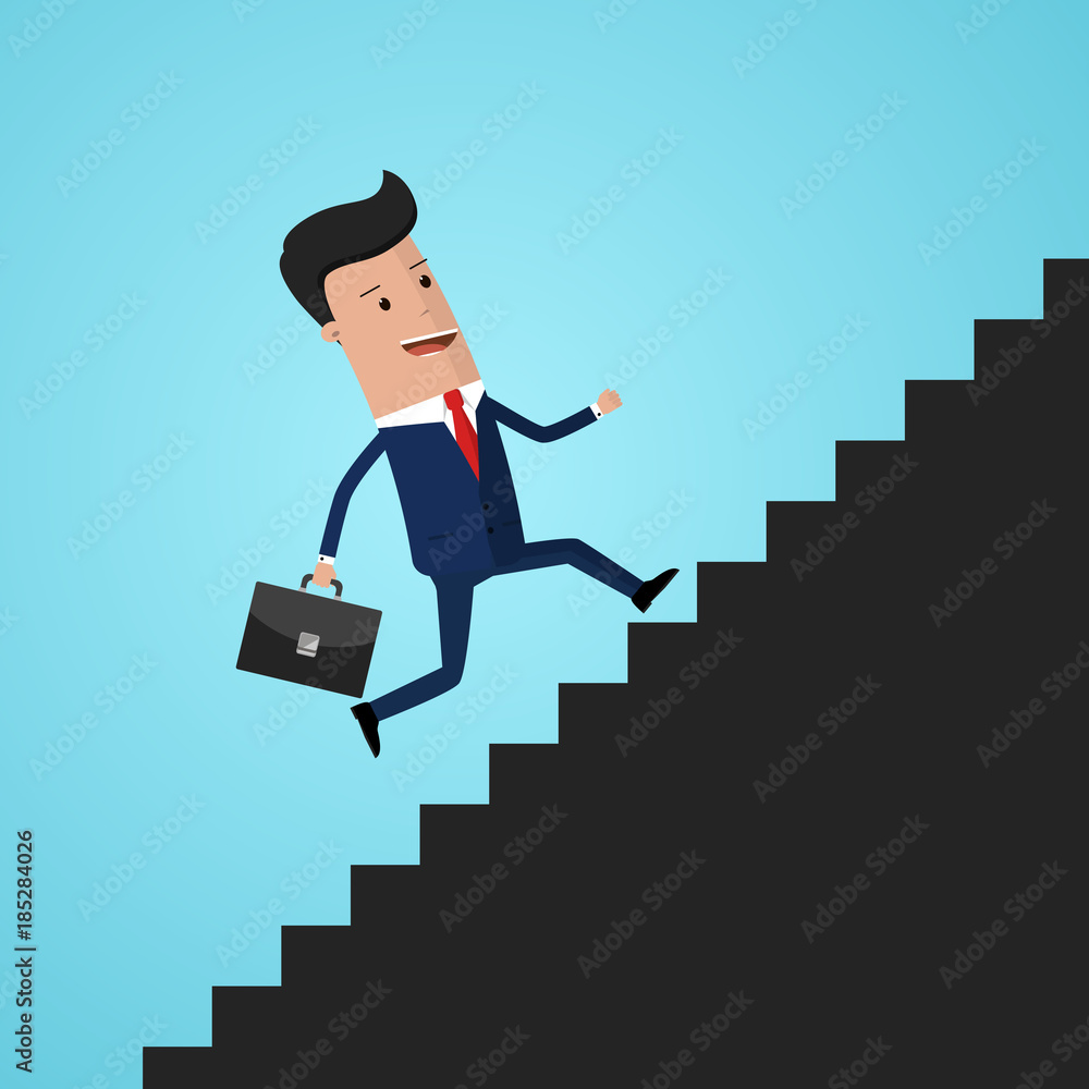 Businessman is climbing career ladde. Human in a suit with a briefcase ...