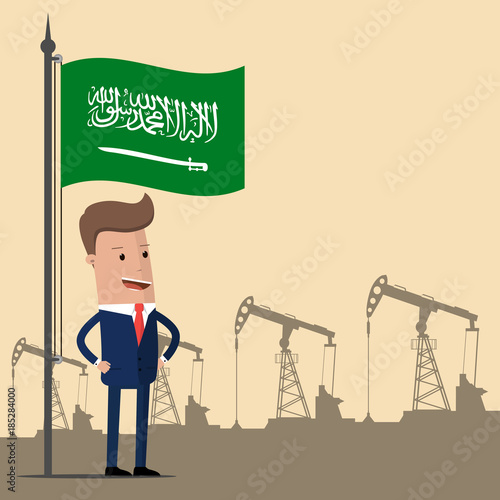 Businessman or politician under the flag of Saudi Arabia against the backdrop of oil pumps. Vector illustration